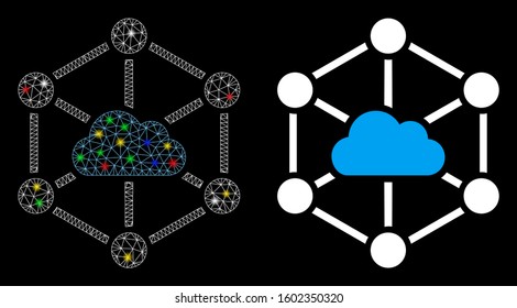 Glossy mesh cloud links icon with glare effect. Abstract illuminated model of cloud links. Shiny wire carcass triangular network cloud links icon. Vector abstraction on a black background.