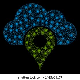 Glossy mesh cloud location with glitter effect. Abstract illuminated model of cloud location icon. Shiny wire frame triangular mesh cloud location. Vector abstraction on a black background.