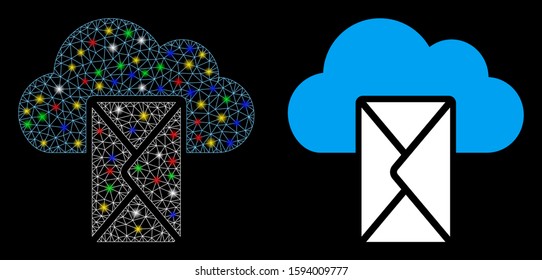 Glossy mesh cloud mail icon with glare effect. Abstract illuminated model of cloud mail. Shiny wire carcass triangular mesh cloud mail icon. Vector abstraction on a black background.