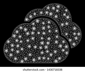 Glossy mesh clouds with glare effect. Abstract illuminated model of clouds icon. Shiny wire carcass triangular network clouds. Vector abstraction on a black background.