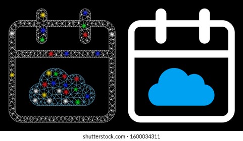 Glossy mesh cloudy day icon with lightspot effect. Abstract illuminated model of cloudy day. Shiny wire frame polygonal mesh cloudy day icon. Vector abstraction on a black background.
