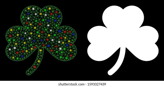 Glossy mesh clover leaf icon with lightspot effect. Abstract illuminated model of clover leaf. Shiny wire frame polygonal mesh clover leaf icon. Vector abstraction on a black background.