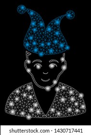Glossy mesh clown with glow effect. Abstract illuminated model of clown icon. Shiny wire frame polygonal mesh clown. Vector abstraction on a black background.