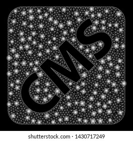 Glossy mesh cms with lightspot effect. Abstract illuminated model of cms icon. Shiny wire frame triangular mesh cms. Vector abstraction on a black background.
