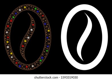 Glossy mesh coffee bean icon with glare effect. Abstract illuminated model of coffee bean. Shiny wire carcass polygonal network coffee bean icon. Vector abstraction on a black background.