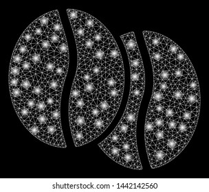 Glossy mesh coffee beans with glitter effect. Abstract illuminated model of coffee beans icon. Shiny wire frame triangular mesh coffee beans. Vector abstraction on a black background.