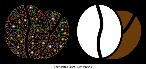 Glossy mesh coffee beans icon with glare effect. Abstract illuminated model of coffee beans. Shiny wire carcass triangular network coffee beans icon. Vector abstraction on a black background.