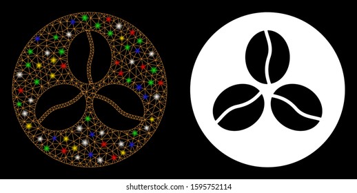 Glossy mesh coffee beans icon with glare effect. Abstract illuminated model of coffee beans. Shiny wire frame triangular mesh coffee beans icon. Vector abstraction on a black background.