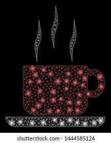 Glossy mesh coffee break with lightspot effect. Abstract illuminated model of coffee break icon. Shiny wire frame polygonal mesh coffee break. Vector abstraction on a black background.