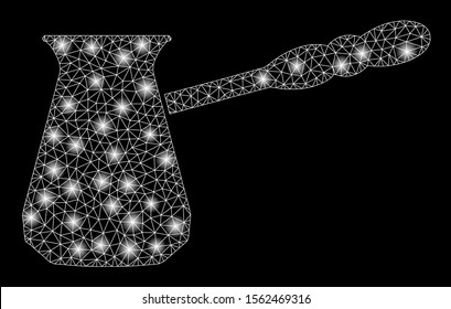 Glossy mesh coffee cezve with glow effect. Abstract illuminated model of coffee cezve icon. Shiny wire carcass polygonal mesh coffee cezve. Vector abstraction on a black background.