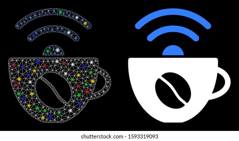 Glossy mesh coffee wifi source icon with glitter effect. Abstract illuminated model of coffee wifi source. Shiny wire carcass triangular mesh coffee wifi source icon.