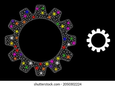 Glossy mesh cog constellation icon with light spots. Illuminated vector constellation based on cog glyph. Sparkle carcass mesh cog on a black background. Linear carcass flat mesh in vector format.