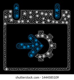 Glossy mesh cog integration calendar day with glitter effect. Abstract illuminated model of cog integration calendar day icon. Shiny wire carcass triangular network cog integration calendar day.
