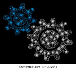 Glossy mesh cogs rotation with glare effect. Abstract illuminated model of cogs rotation icon. Shiny wire carcass polygonal mesh cogs rotation. Vector abstraction on a black background.