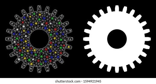 Glossy mesh cogwheel icon with glitter effect. Abstract illuminated model of cogwheel. Shiny wire carcass polygonal mesh cogwheel icon. Vector abstraction on a black background.