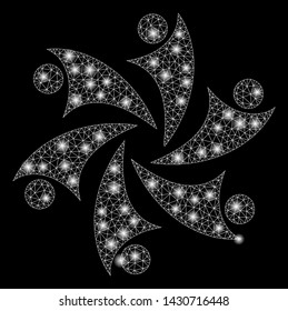 Glossy mesh collaboration with glare effect. Abstract illuminated model of collaboration icon. Shiny wire carcass polygonal network collaboration. Vector abstraction on a black background.