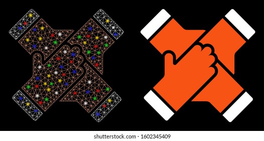 Glossy mesh collaboration hands icon with sparkle effect. Abstract illuminated model of collaboration hands. Shiny wire frame polygonal mesh collaboration hands icon.