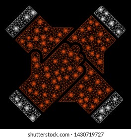 Glossy mesh collaboration hands with sparkle effect. Abstract illuminated model of collaboration hands icon. Shiny wire frame triangular mesh collaboration hands.