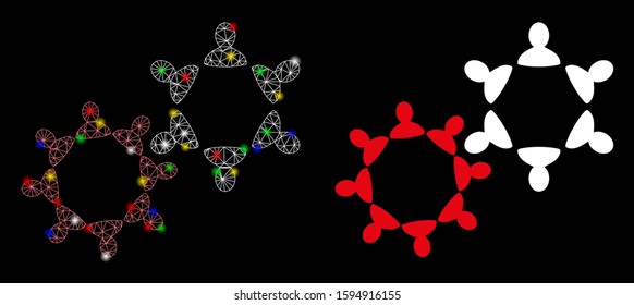 Glossy mesh collaboration icon with sparkle effect. Abstract illuminated model of collaboration. Shiny wire carcass polygonal mesh collaboration icon. Vector abstraction on a black background.