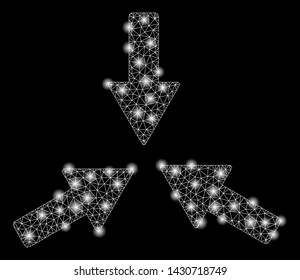Glossy mesh collide 3 arrows with glow effect. Abstract illuminated model of collide 3 arrows icon. Shiny wire carcass triangular mesh collide 3 arrows. Vector abstraction on a black background.
