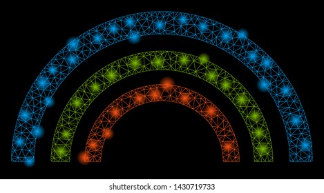 Glossy mesh color rainbow with glitter effect. Abstract illuminated model of color rainbow icon. Shiny wire carcass polygonal mesh color rainbow. Vector abstraction on a black background.