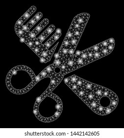 Glossy mesh comb and scissors tools with glare effect. Abstract illuminated model of comb and scissors tools icon. Shiny wire frame triangular network comb and scissors tools.