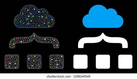 Glossy mesh combine cloud icon with glare effect. Abstract illuminated model of combine cloud. Shiny wire frame polygonal mesh combine cloud icon. Vector abstraction on a black background.