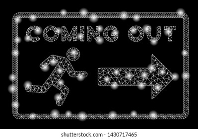 Glossy mesh Coming out rectangle with glitter effect. Abstract illuminated model of Coming out rectangle icon. Shiny wire frame triangular mesh Coming out rectangle.