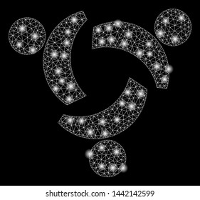 Glossy mesh community with sparkle effect. Abstract illuminated model of community icon. Shiny wire carcass triangular mesh community. Vector abstraction on a black background.