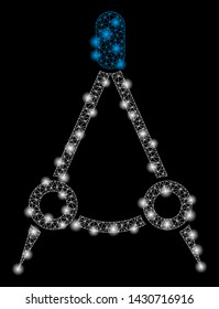 Glossy mesh compasses with sparkle effect. Abstract illuminated model of compasses icon. Shiny wire frame triangular mesh compasses. Vector abstraction on a black background.