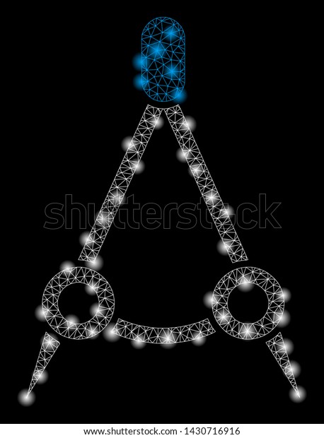 Glossy mesh compasses\
with sparkle effect. Abstract illuminated model of compasses icon.\
Shiny wire frame triangular mesh compasses. Vector abstraction on a\
black background.