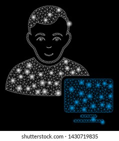 Glossy mesh computer administrator with glitter effect. Abstract illuminated model of computer administrator icon. Shiny wire frame triangular mesh computer administrator.