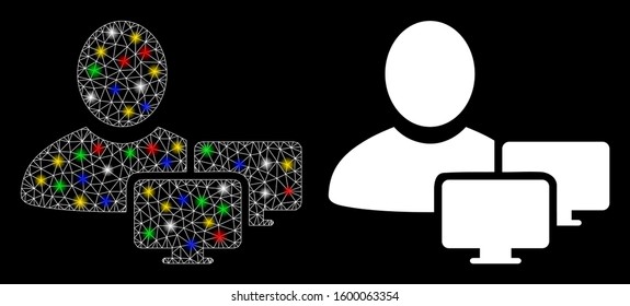 Glossy mesh computer administrator icon with glow effect. Abstract illuminated model of computer administrator. Shiny wire carcass triangular mesh computer administrator icon.