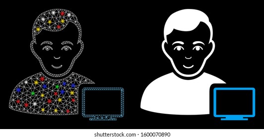 Glossy mesh computer administrator icon with sparkle effect. Abstract illuminated model of computer administrator. Shiny wire carcass triangular mesh computer administrator icon.
