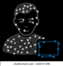 Glossy mesh computer administrator with lightspot effect. Abstract illuminated model of computer administrator icon. Shiny wire carcass polygonal network computer administrator.