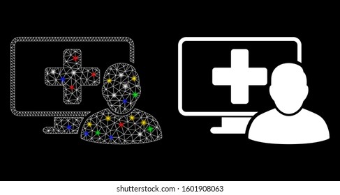 Glossy mesh computer doctor icon with glow effect. Abstract illuminated model of computer doctor. Shiny wire carcass polygonal mesh computer doctor icon. Vector abstraction on a black background.