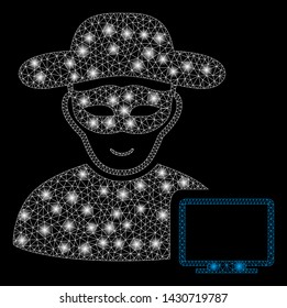 Glossy mesh computer hacker with glow effect. Abstract illuminated model of computer hacker icon. Shiny wire frame polygonal mesh computer hacker. Vector abstraction on a black background.
