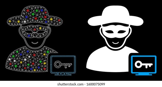 Glossy mesh computer hacker icon with sparkle effect. Abstract illuminated model of computer hacker. Shiny wire frame polygonal mesh computer hacker icon. Vector abstraction on a black background.