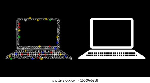 Glossy mesh computer icon with glow effect. Abstract illuminated model of computer. Shiny wire carcass polygonal mesh computer icon. Vector abstraction on a black background.