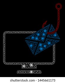 Glossy mesh computer mail phishing with sparkle effect. Abstract illuminated model of computer mail phishing icon. Shiny wire frame polygonal mesh computer mail phishing.
