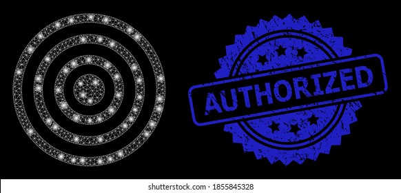 Glossy mesh concentric circles with lightspots, and Authorized grunge ribbon seal. Blue seal has Authorized text inside rosette. Illuminated vector constellation created from concentric circles icon.