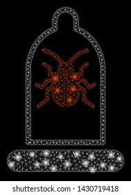 Glossy mesh condom bug with glare effect. Abstract illuminated model of condom bug icon. Shiny wire carcass polygonal network condom bug. Vector abstraction on a black background.