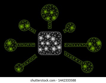 Glossy mesh connection relations with glow effect. Abstract illuminated model of connection relations icon. Shiny wire carcass triangular mesh connection relations.