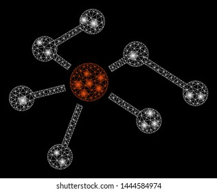 Glossy mesh connections with glare effect. Abstract illuminated model of connections icon. Shiny wire frame triangular mesh connections. Vector abstraction on a black background.
