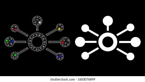 Glossy mesh connections icon with lightspot effect. Abstract illuminated model of connections. Shiny wire carcass polygonal mesh connections icon. Vector abstraction on a black background.