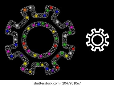 Glossy mesh contour gear constellation icon with lightspots. Illuminated vector constellation based on contour gear pictogram. Sparkle frame polygonal contour gear on a black background.