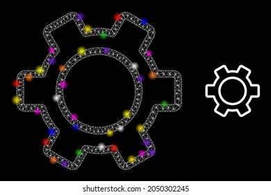 Glossy mesh contour gear constellation icon with light spots. Illuminated vector constellation based on contour gear picture. Sparkle frame polygonal contour gear on a black background.