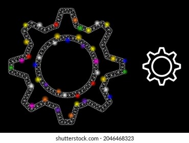 Glossy mesh contour gear glare icon with light spots. Illuminated vector constellation based on contour gear icon. Sparkle carcass mesh contour gear on a black background.