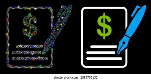 Glossy mesh contract icon with sparkle effect. Abstract illuminated model of contract. Shiny wire carcass polygonal mesh contract icon. Vector abstraction on a black background.