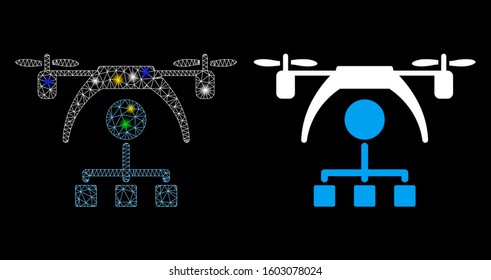 Glossy mesh copter distribution scheme icon with glitter effect. Abstract illuminated model of copter distribution scheme. Shiny wire frame triangular mesh copter distribution scheme icon.